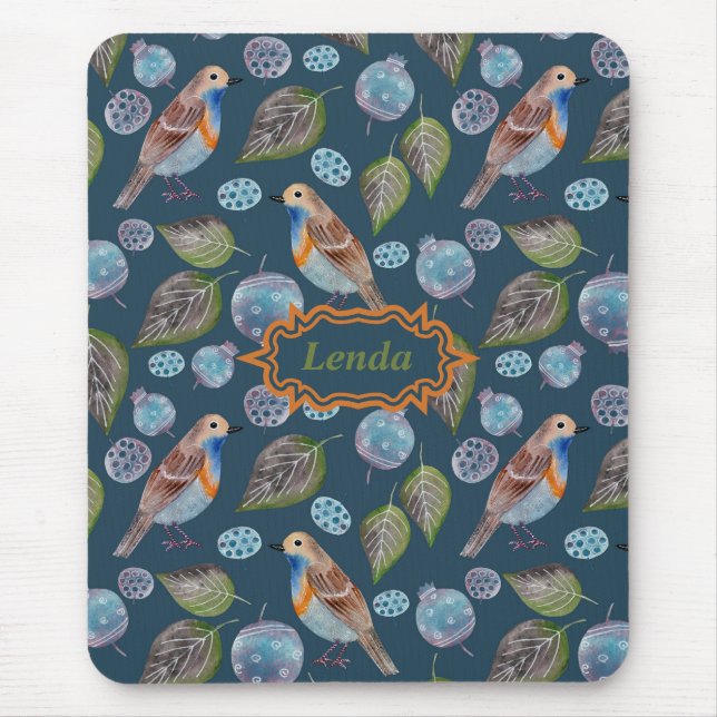 Mousepad Padrão de Aquarela de Aves Azuis (Frente)