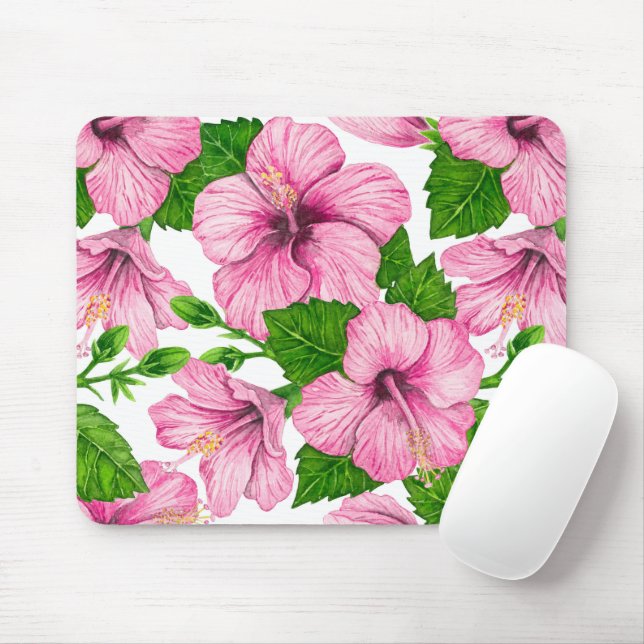 Mousepad Padrão de aquarela de hibisco rosa (Com mouse)