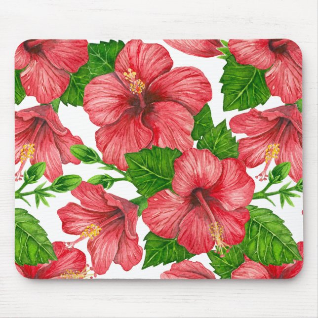 Mousepad Padrão de aquarela de hibisco vermelho (Frente)