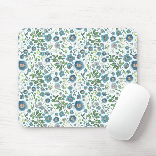 Mousepad Padrão de Aquarela Floral Azul Elegante (Com mouse)