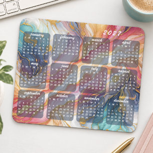 Mousepad Padrão de Arte Marmorizada Colorida Calendário de