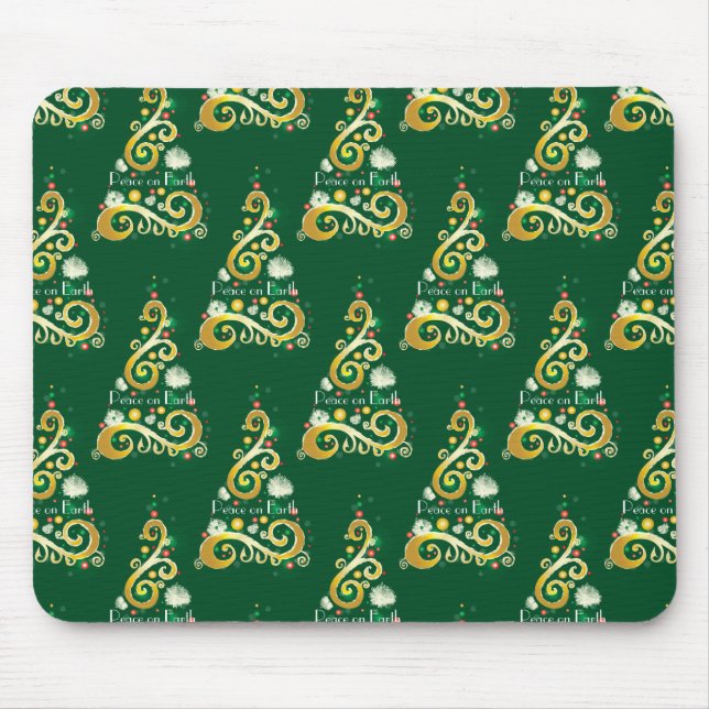 Mousepad Padrão de árvore de Natal abstrato verde e dourado (Frente)