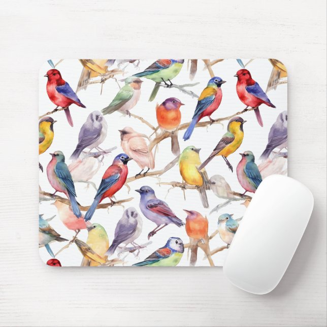 Mousepad Padrão de Aves Vintage com Aquarela (Com mouse)