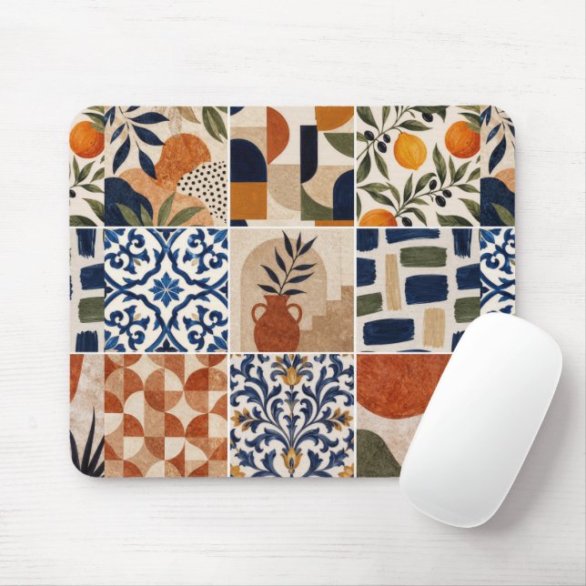 Mousepad Padrão de Azulejo Boho Mediterrâneo (Com mouse)
