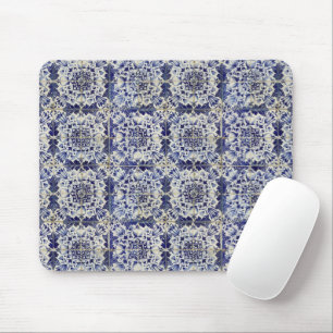 Mousepad Padrão de Azulejo Branco Geométrico Azul Vintage