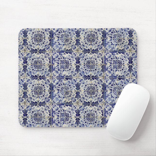 Mousepad Padrão de Azulejo Branco Geométrico Azul Vintage (Com mouse)