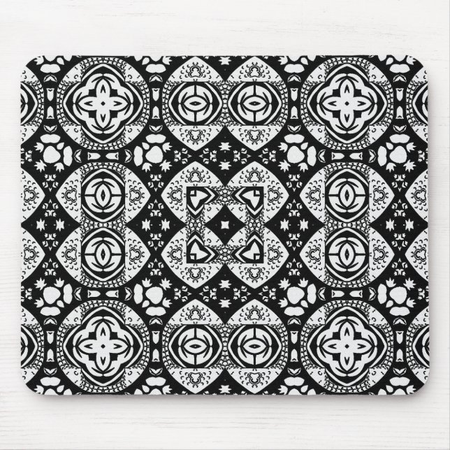 Mousepad Padrão de Azulejo da Mesquita Árabe Preto e Branco (Frente)