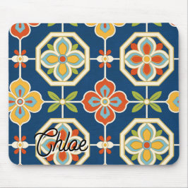 Mousepad Padrão de Azulejo Floral Retro com Nome Personaliz