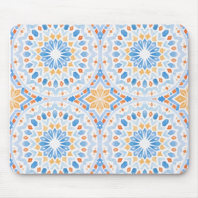 Mousepad Padrão de azulejo marroquino em azul e laranja (Frente)
