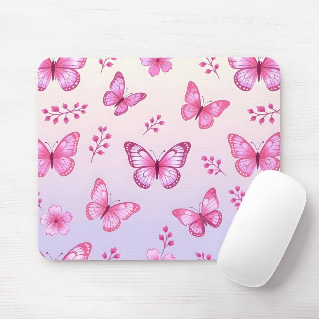 Mousepad Padrão de borboletas e flores cor-de-rosa (Com mouse)