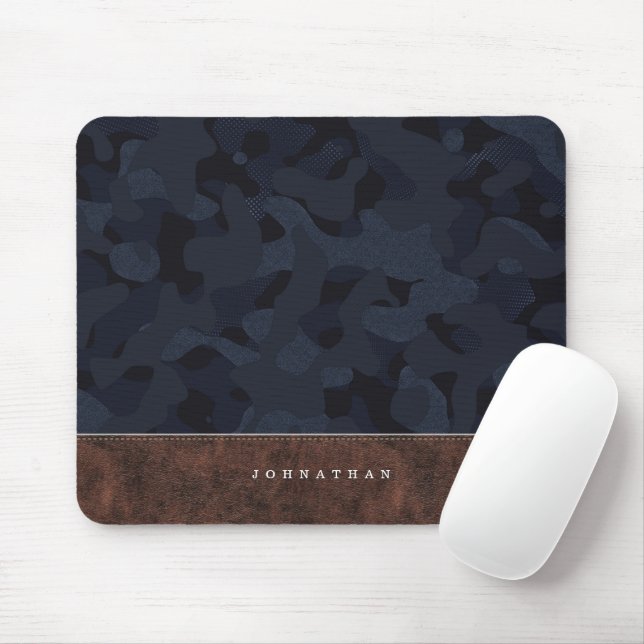 Mousepad Padrão de Camuflagem Azul Marinho Escuro e Couro (Com mouse)