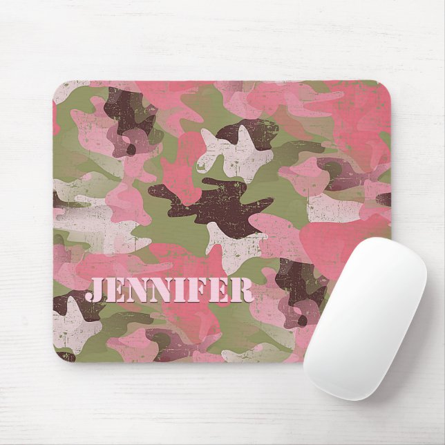 Mousepad Padrão de Camuflagem Verde Rosa Militar Personaliz (Com mouse)