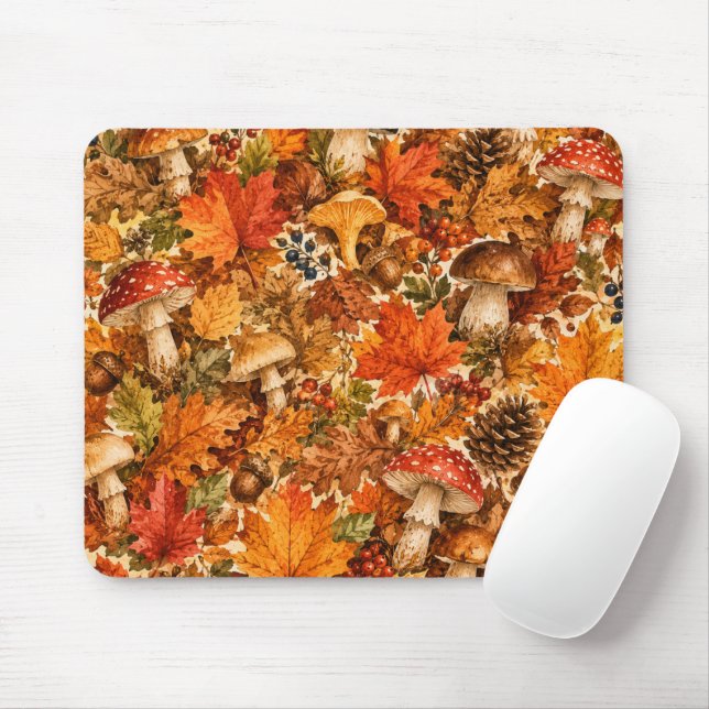 Mousepad Padrão de Cogumelo da Floresta de Outono | Folhas  (Com mouse)