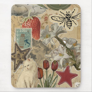 Mousepad Padrão de Colagem Floral de Gato – Design Artístic
