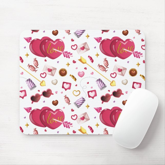 Mousepad Padrão de Corações de Amor Rosa Vibrante e Doces (Com mouse)