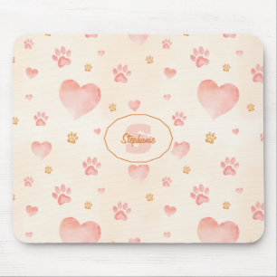 Mousepad Padrão de Corações e Impressões de Pata Cor-de-Águ