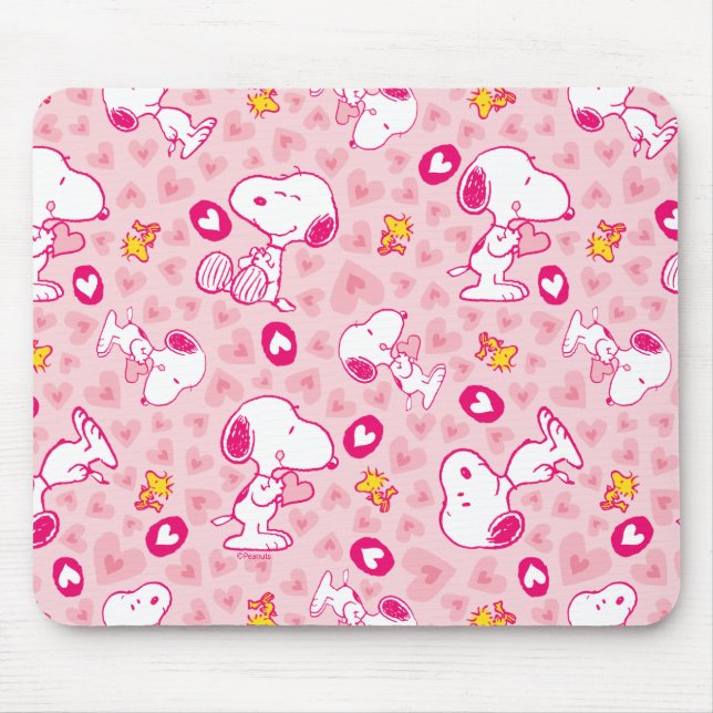 Mousepad Padrão de Corações Rosa Snoopy & Woodstock (Frente)