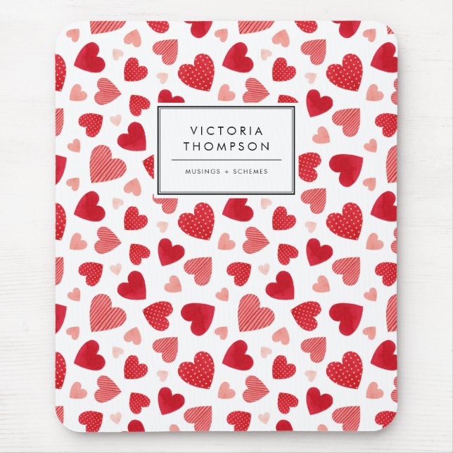 Mousepad Padrão de Corações Vermelhos em Patchwork Aquarela (Frente)