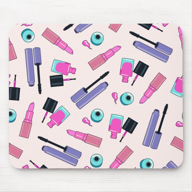Mousepad Padrão de Cosméticos de Maquiagem Rosa e Roxo (Frente)