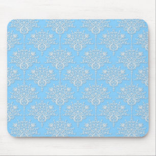 Mousepad Padrão de Damasco Floral Azul Claro e Branco