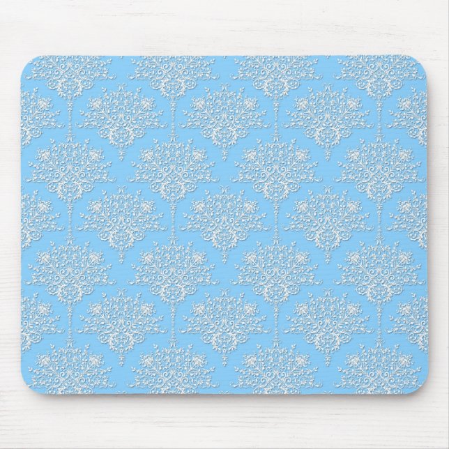Mousepad Padrão de Damasco Floral Azul Claro e Branco (Frente)