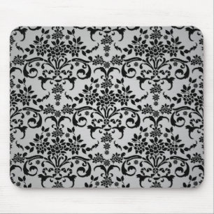 Mousepad Padrão de damasco floral branco prateado e preto