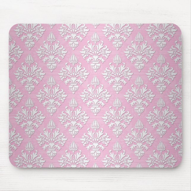 Mousepad Padrão de Damasco Floral Rosa e Branco (Frente)