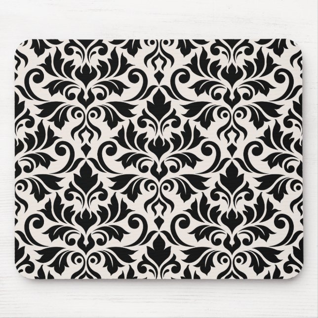 Mousepad Padrão de Damasco Florescente Preto sobre Creme (Frente)