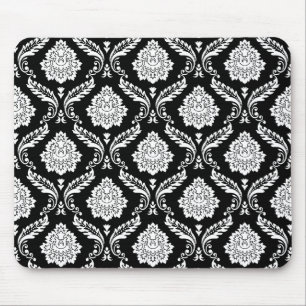 Mousepad Padrão de Damasco Rococó Branco no Preto