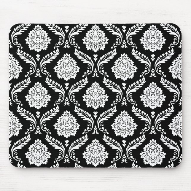Mousepad Padrão de Damasco Rococó Branco no Preto (Frente)