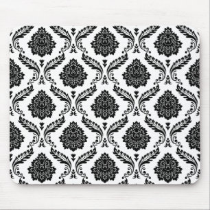 Mousepad Padrão de Damasco Rococó Preto no Branco
