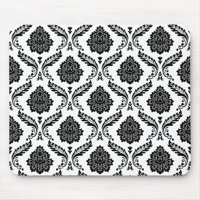 Mousepad Padrão de Damasco Rococó Preto no Branco (Frente)
