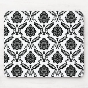 Mousepad Padrão de Damasco Rococó Preto no Branco