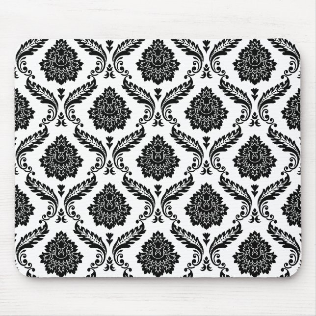 Mousepad Padrão de Damasco Rococó Preto no Branco (Frente)