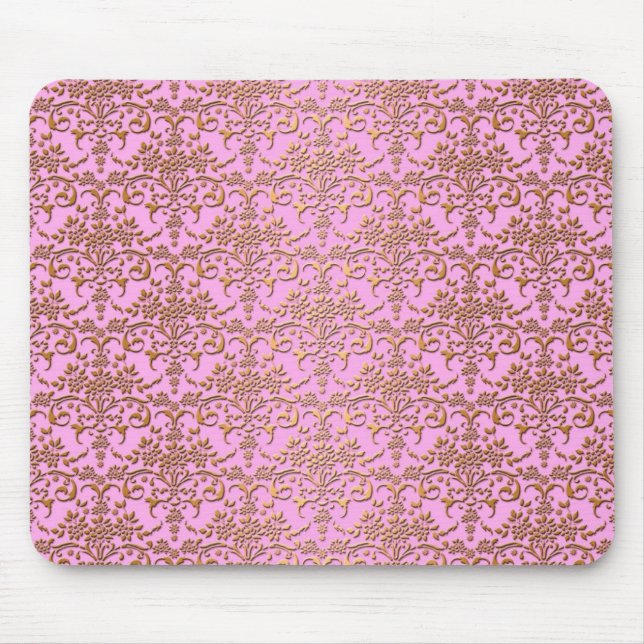 Mousepad Padrão de damasco sofisticado rosa e dourado (Frente)
