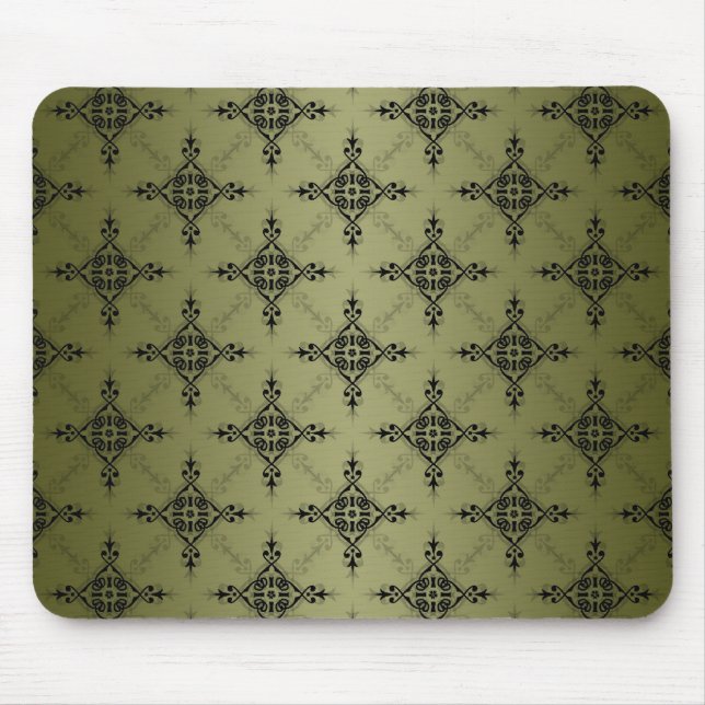 Mousepad Padrão de Damasco Verde Oliva e Preto (Frente)