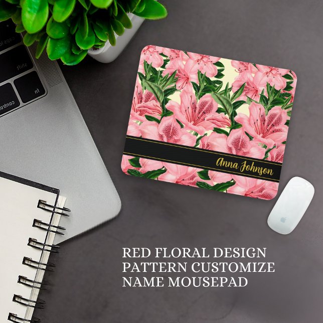 Mousepad Padrão de Design Floral Vermelho Personalizar Nome (Criador carregado)
