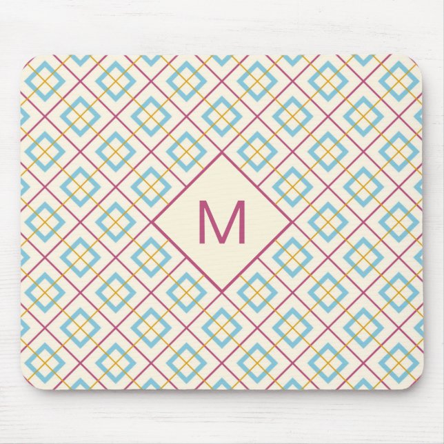 Mousepad Padrão de Diamante Geométrico Rosa Pastel e Azul (Frente)