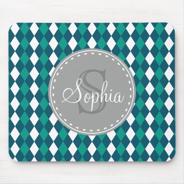 Mousepad Padrão de Diamdons Verdes Azuis Monogramados (Frente)