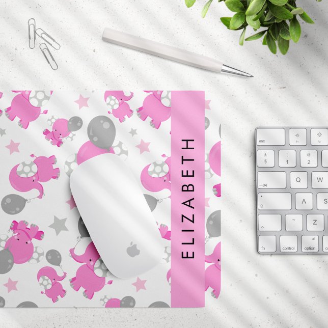 Mousepad Padrão De Elefantes Rosa, Estrelas, Seu Nome (Criador carregado)