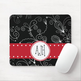 Mousepad Padrão de espirais, preto e branco, monograma