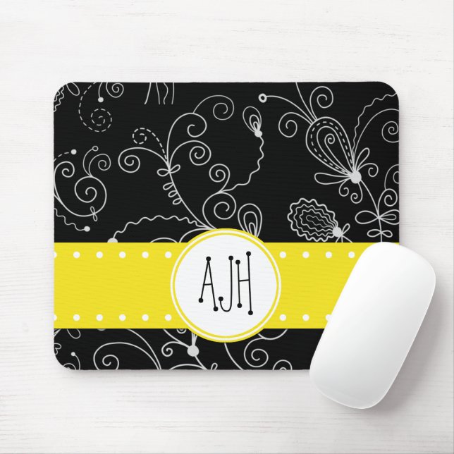 Mousepad Padrão de espirais, preto e branco, monograma (Com mouse)