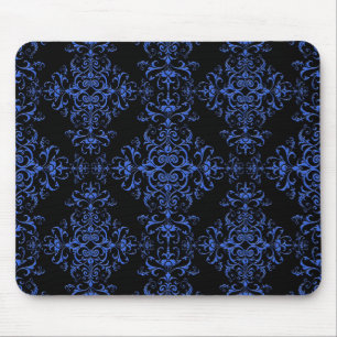 Mousepad Padrão de estilo damasco floral azul e preto elega
