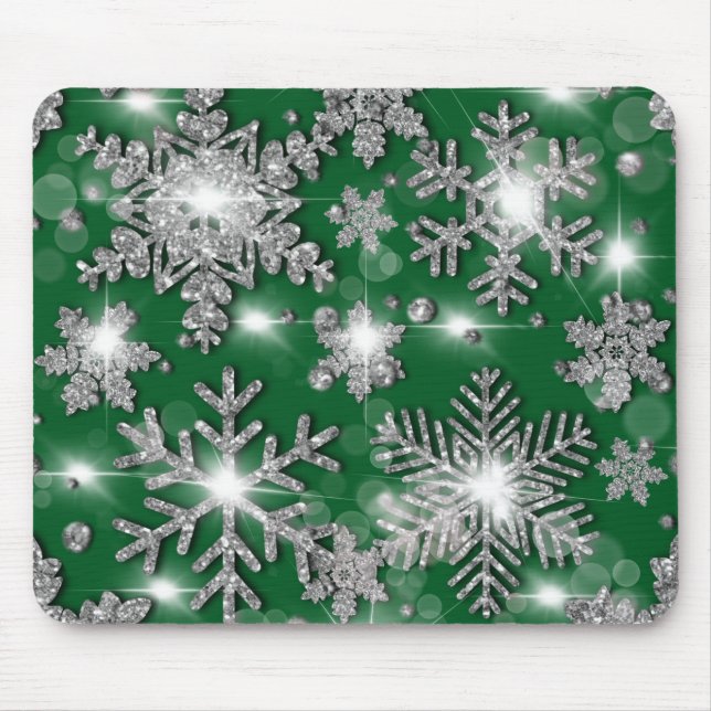 Mousepad Padrão de floco de neve festivo verde-prateado (Frente)
