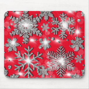 Mousepad Padrão de floco de neve festivo vermelho-prateado
