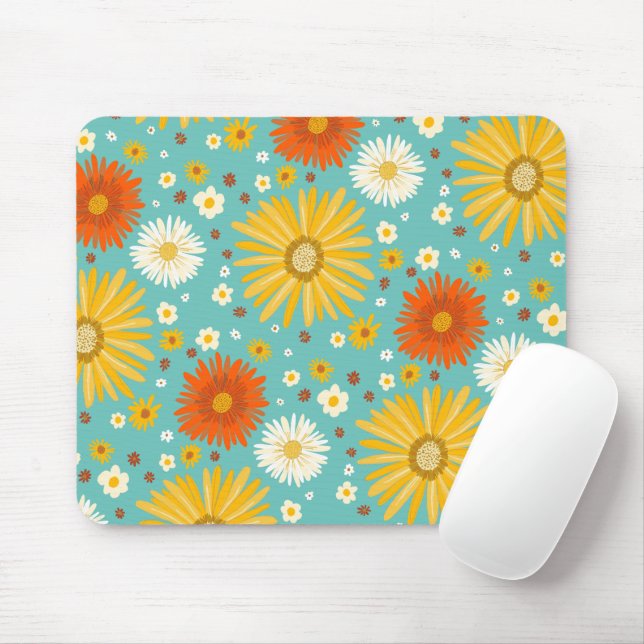 Mousepad Padrão de Flor de Margarida Feliz Azul (Com mouse)