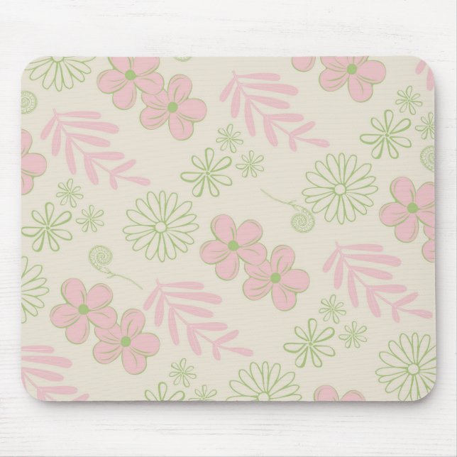 Mousepad Padrão de Flor Verde Rosa bege Retroativo Y2K 70s (Frente)