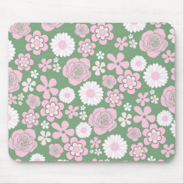 Mousepad Padrão de Flor Y2K 70s - Cor-de-rosa Verde