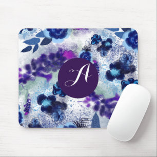 Mousepad Padrão de Flores Azul Roxo Monograma Personalizado