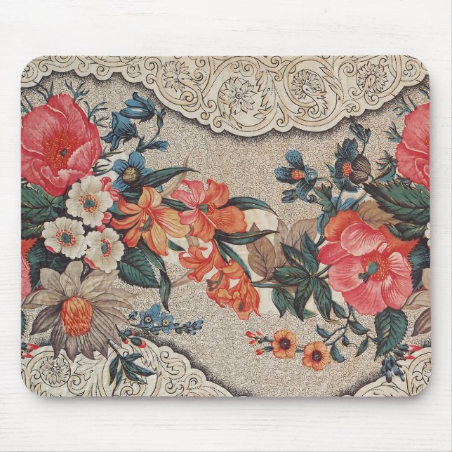 Mousepad Padrão de flores brancas laranja vermelho-vivo (Frente)